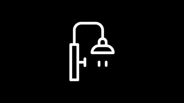 Simple white line icon of a shower head with water droplets falling