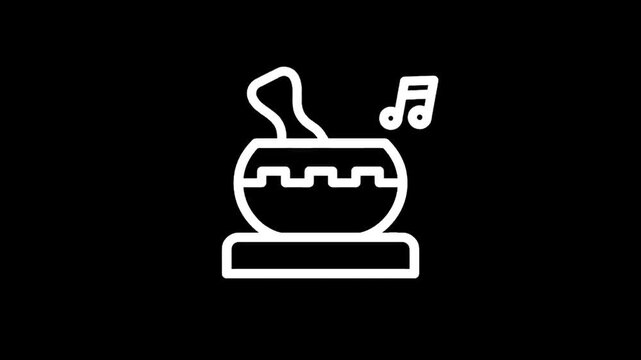 White outline icon of a mortar and pestle with musical notes above it on a black background