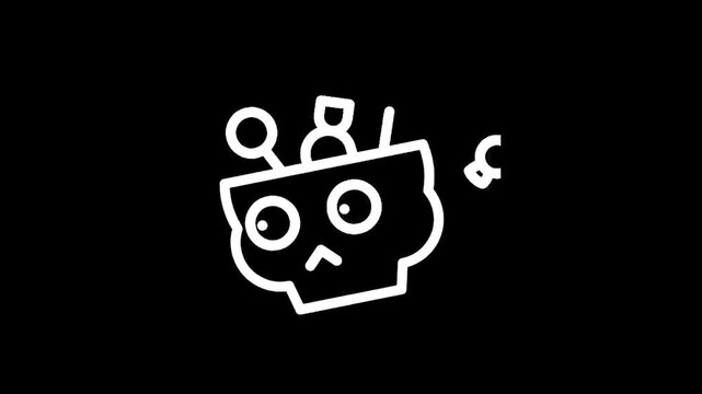 Stylized white skull icon with a mortar and pestle and a small figure inside