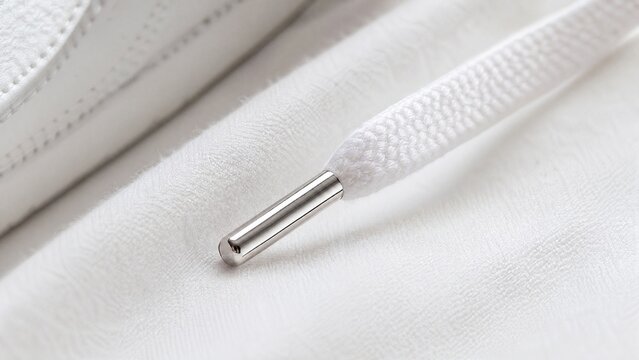 Close-up of white sneaker lace with metallic aglet on fabric.