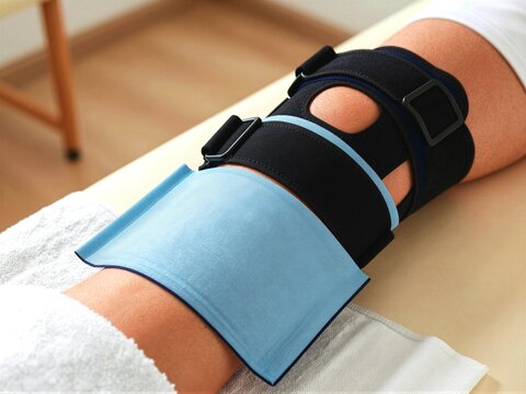 Reusable Cold Pack Wrapped in Towel beside Knee Brace