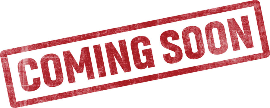 Vintage red coming soon rubber stamp, distressed grunge texture announcement sign, weathered ink seal for product launches and website teasers