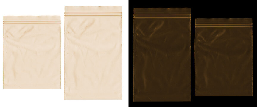 Transparent plastic zip bag mockup set, wrinkled polyethylene storage pouches on white and black backgrounds, clear poly bags for product packaging