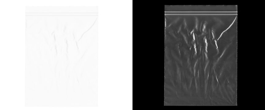 Transparent plastic zip bag texture, wrinkled polyethylene pouch overlay, clear ziplock packaging material on black and white backgrounds