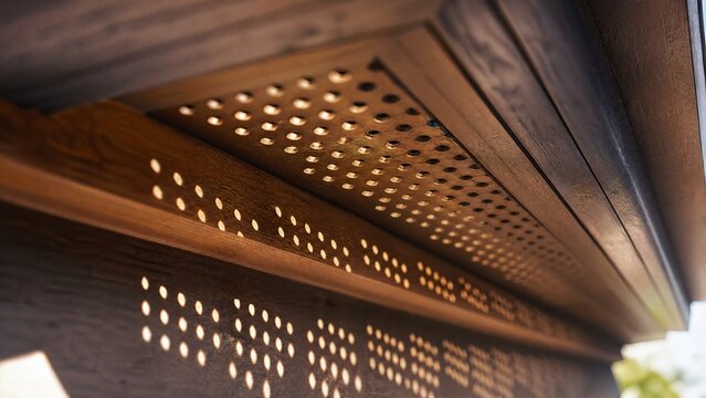 Extreme close-up of wooden soffit with sunlight streaming through holes.