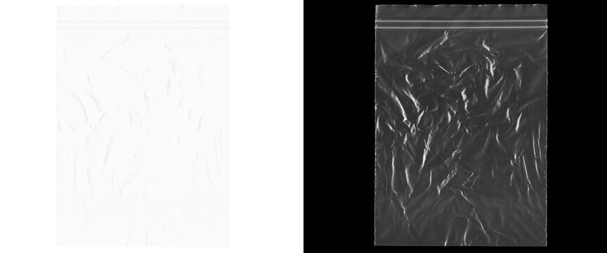 Crumpled plastic bag texture on black background, transparent zip lock pouch mockup, wrinkled polyethylene film overlay for graphic design