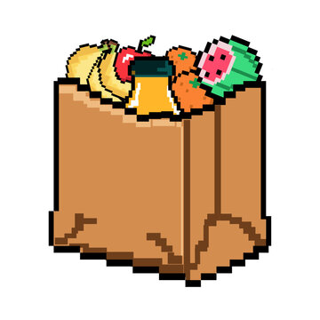 Pixel art paper grocery bag filled with fresh produce in retro game style
