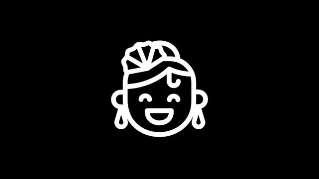 Stylized cartoon face with a joyful expression and traditional headdress, white outline on black
