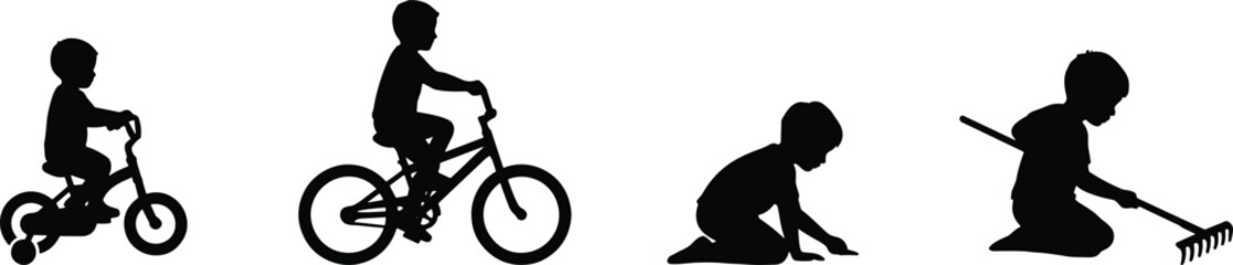 Naklejka premium Little boy silhouettes set featuring child riding tricycle riding bicycle crawling and gardening isolated on white background