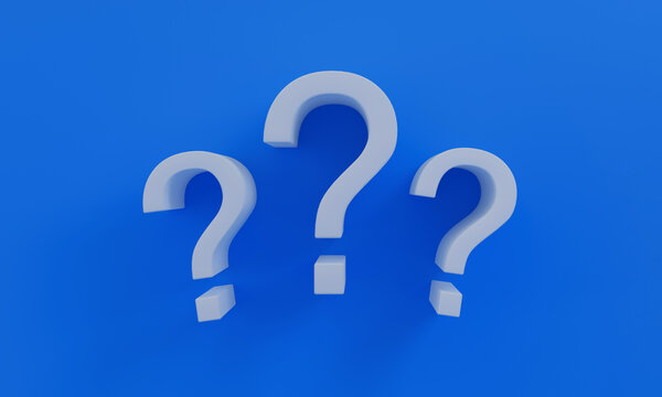 Three white 3d question marks on a blue background