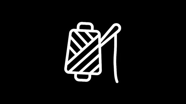 Simple line art icon of a spool of thread with a needle and thread on a black background