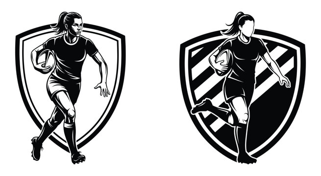 Rugby player silhouette within a shield shape black and white graphic