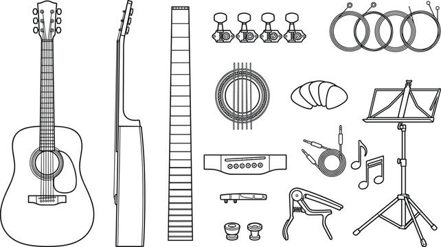 Acoustic Guitar Construction and Musical Accessories Line Icon Set with Minimalist Instrument Blueprint Parts Music Stand Strings and Capo Outline Icons
