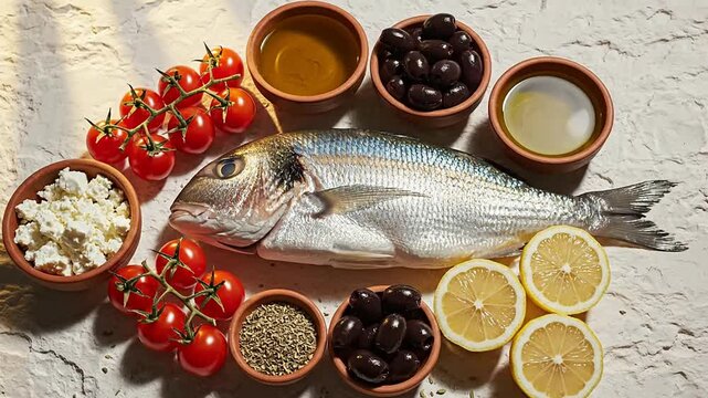 Fresh Mediterranean Ingredients Arranged with Whole Fish, Olives, Tomatoes, Lemon Slices, and Olive Oil on Table for Culinary and Healthy Eating Presentation
