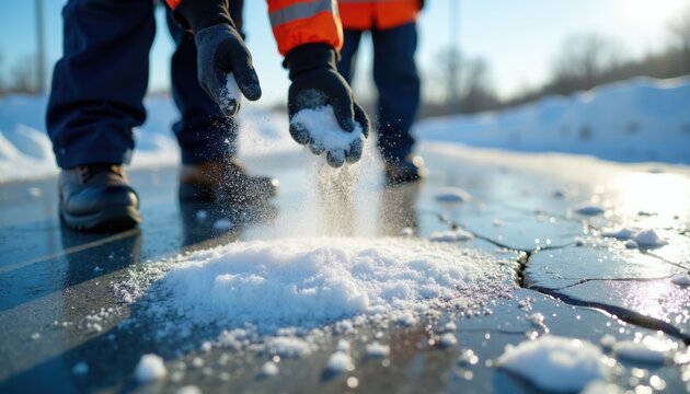 Worker spreads salt on icy road surface to prevent slipping. Safety measure in cold winter weather conditions. Another person stands nearby.