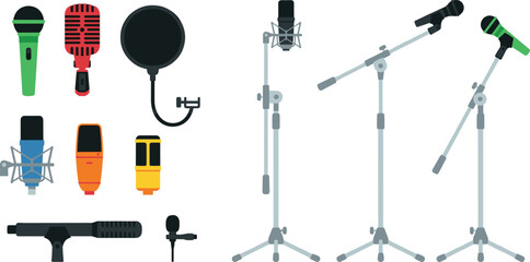 Microphone vector set featuring studio condenser mics vocal microphones boom mic stands and pop filter isolated on white background © Mst Shamima