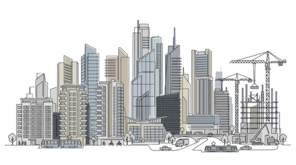 Obraz premium Cityscape construction sketch, modern buildings, cranes, urban development, business district