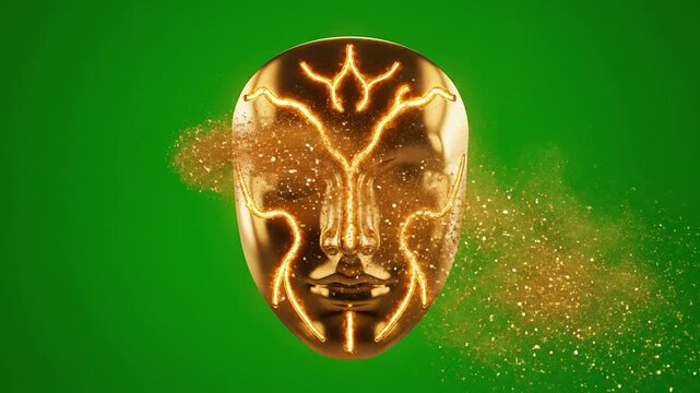 Futuristic Golden Mask With Electric Patterns On Vibrant Green Background For High-Tech Visual Effects And Animation Use