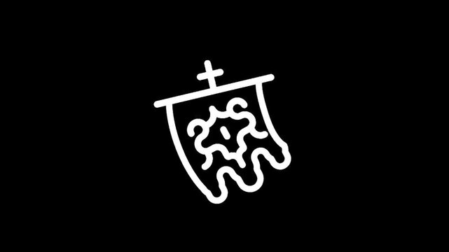 Simple white outline of a medieval banner with a cross on a black background