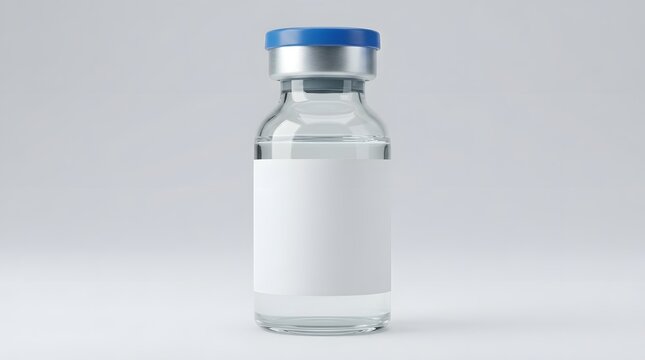 A clear glass vial with a blue cap and white label