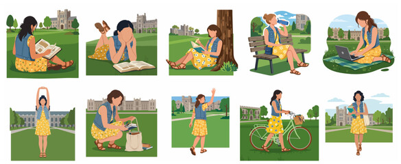 Fototapeta premium Female College Student Academic and Social Life Illustrations Set on University Campus