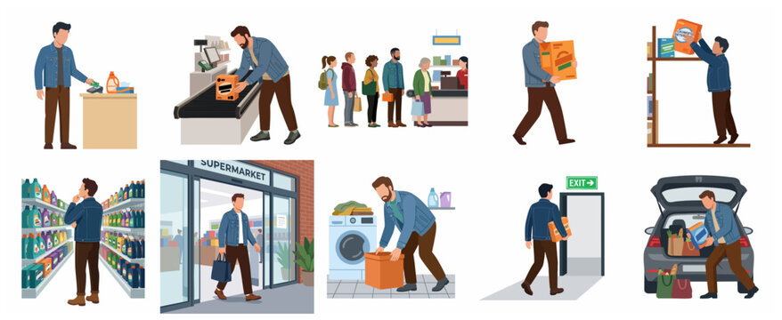 Collection of flat illustrations showing a man shopping at a supermarket and doing laundry chores