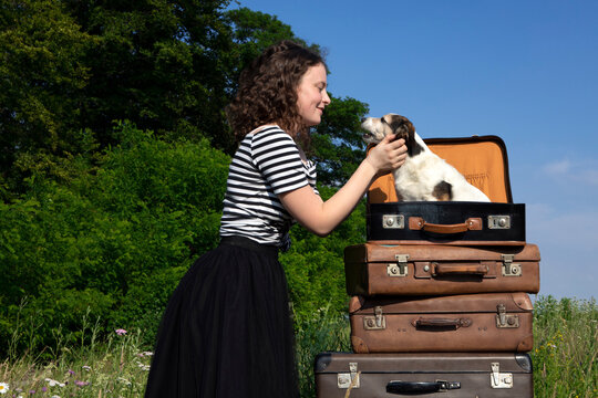 Young woman cuddling little dog sitting in suitcase