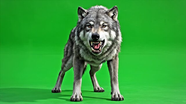 Aggressive Gray Wolf Growling on Green Screen &ndash; Chroma Key Wildlife Animation