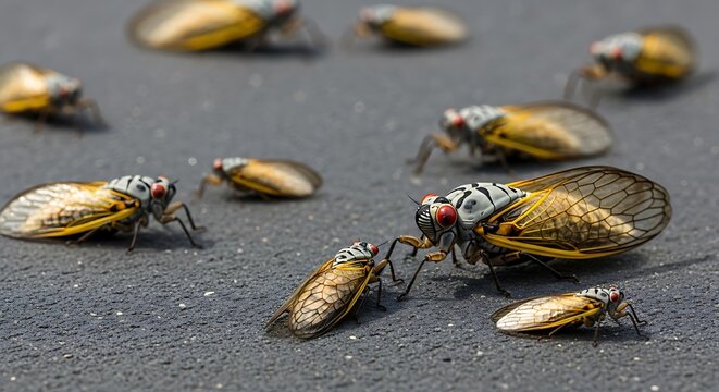 Cicadas on Asphalt Road Surface Closeup.