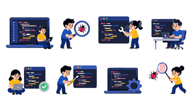 Cartoon software testing and coding vector set