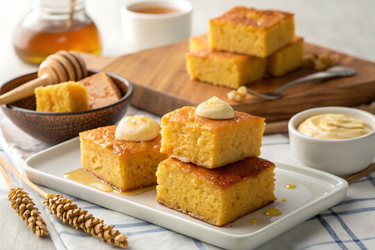 Cornbread squares with honey butter, modern Southern food advertising style