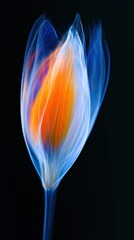 Fototapeta premium Ethereal glowing tulip bud with translucent blue petals and vibrant orange center on black background