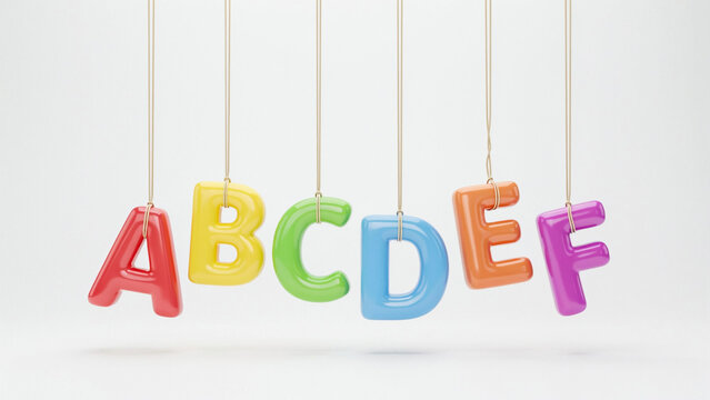 Hanging colorful alphabet letters on strings, education background