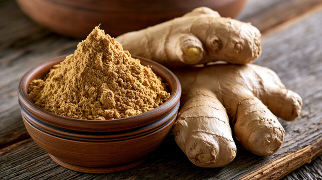 Ginger root and ginger powder ina  bowl on wooden table