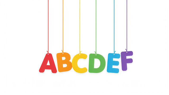 Colorful alphabet letters hanging from strings, isolated on white background