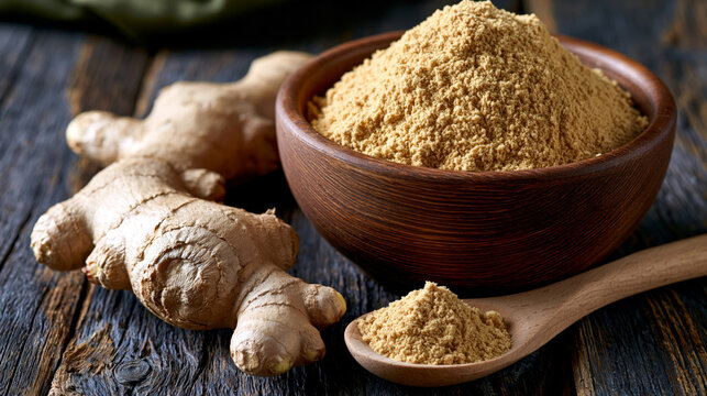 Ginger root and ginger powder ina  bowl on wooden table