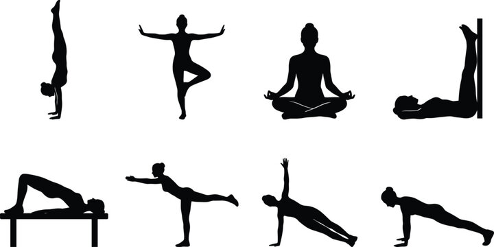 Yoga poses silhouettes set featuring woman practicing meditation plank bridge handstand and balancing exercises isolated on white background