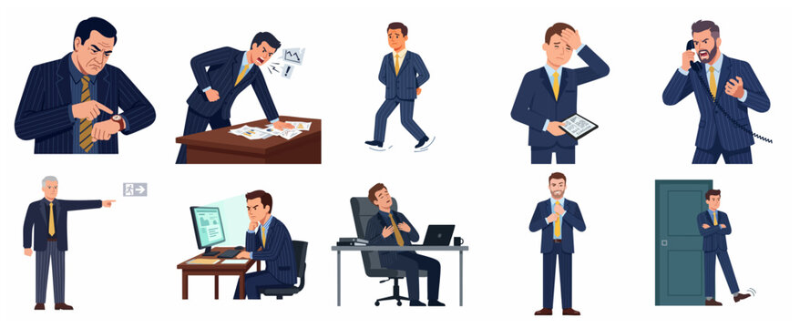 Set of businessmen characters experiencing work stress, anger, and exhaustion in the office