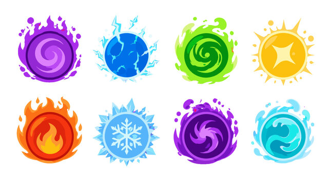 Set of colorful elemental magic icons on white background