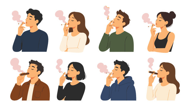 Set of people smoking cigarettes and cigars in flat style