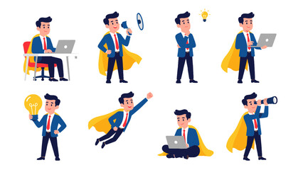 Business superhero character set with laptop and idea poses © Alan