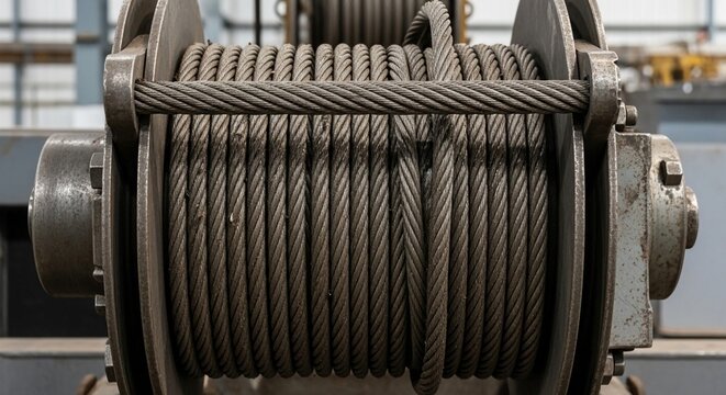 Close-up macro view of a large industrial steel cable wound tightly onto a winch spool, showcasing its strong metallic texture.