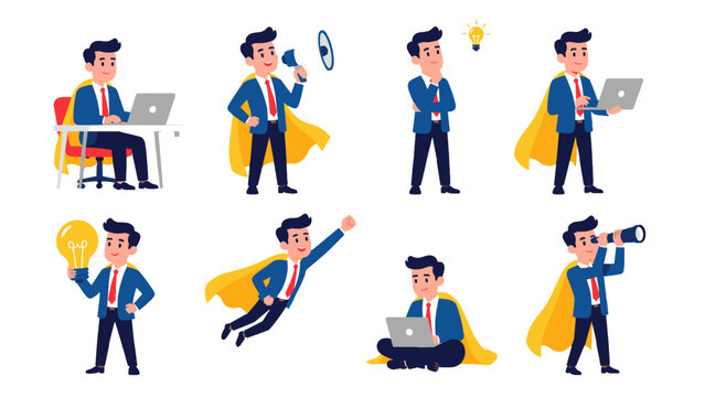 Business superhero character set with laptop and idea poses