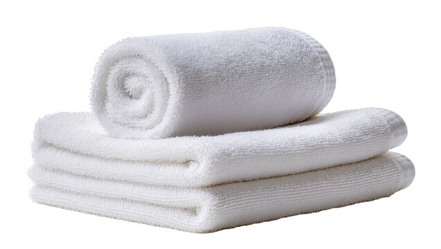 Stack of fluffy white bath towels rolled and folded