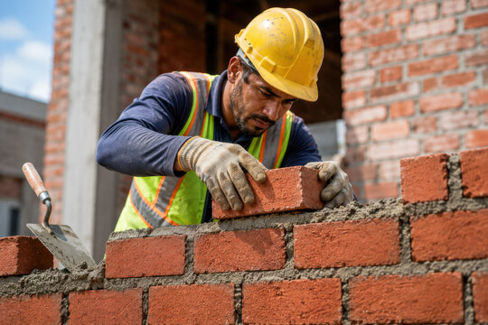 Focused bricklayer at work
