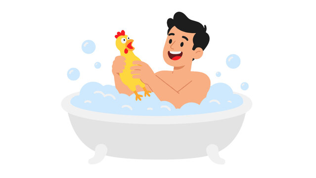 Man bathing in a tub with bubbles and rubber chicken