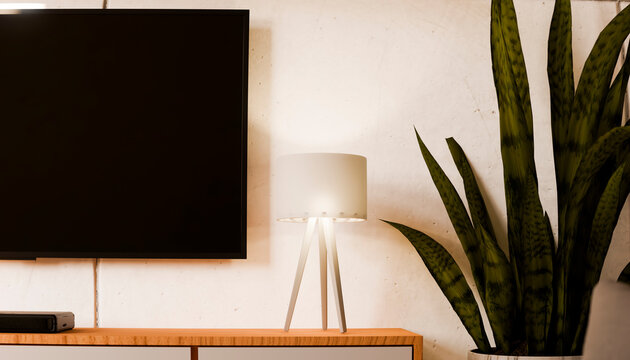 Modern living room interior with television lamp and plant