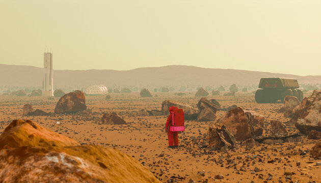 Astronaut exploring a red Mars colony landscape in the future