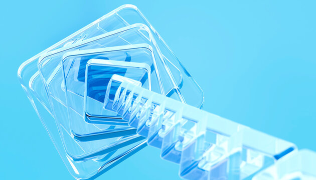 Abstract 3d rendering of transparent glass squares on blue
