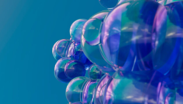 Abstract floating transparent blue sphere cluster on cyan background